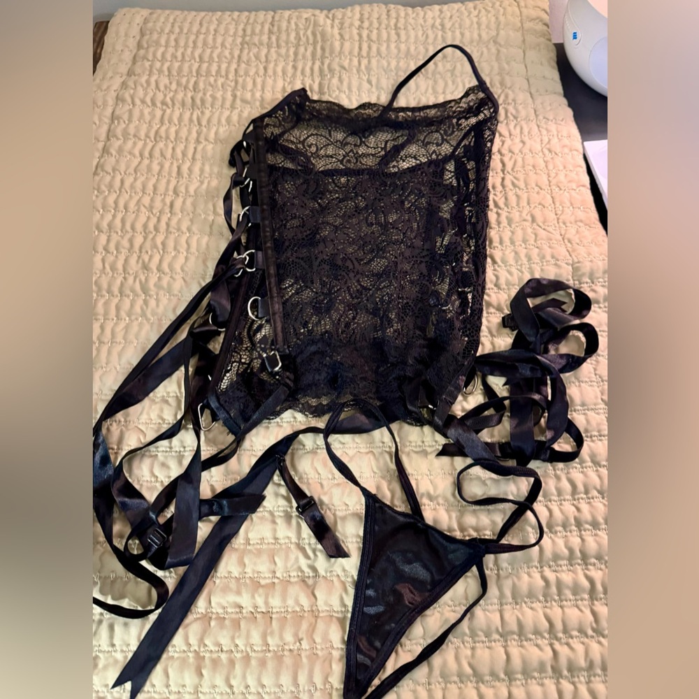 Adore Me black lace corset set. Size XS.